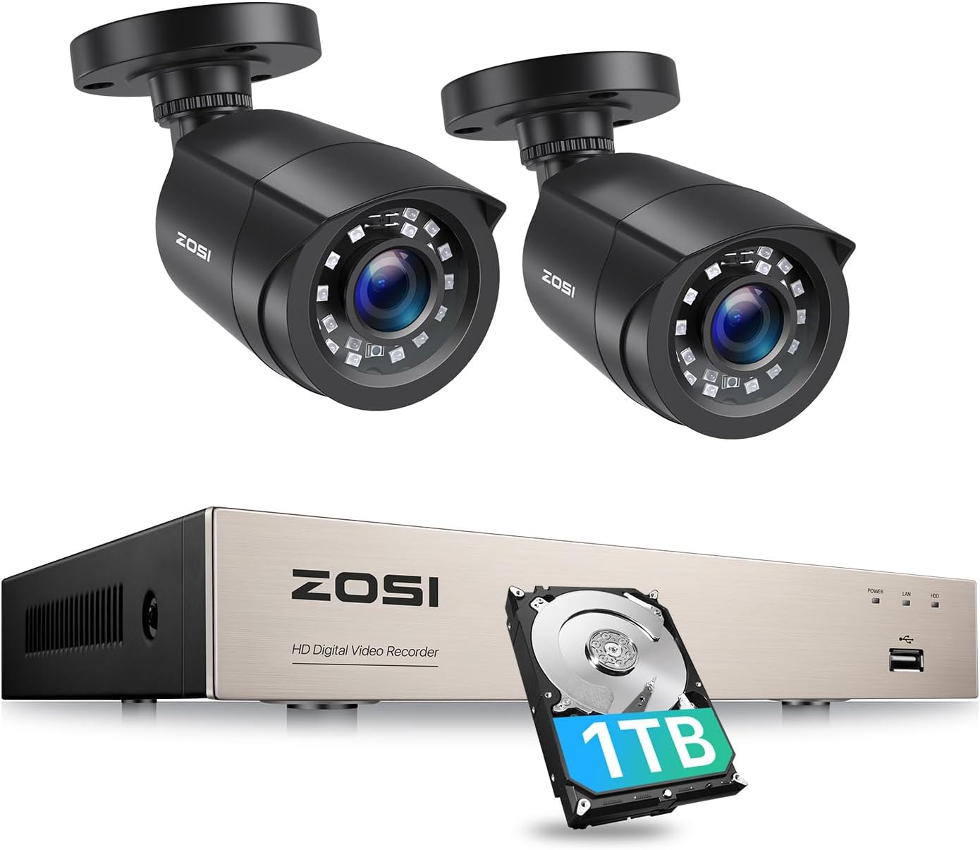 ZOSI 8CH 1080P Home CCTV Security Camera System with AI Human Vehicle Detection, 5MP Lite H.265+ DVR Recorder 1TB Hard Drive and 2pcs 2MP Weatherproof Outdoor Bullet Security Cameras, Smart Alerts - Amazing Gadgets Outlet