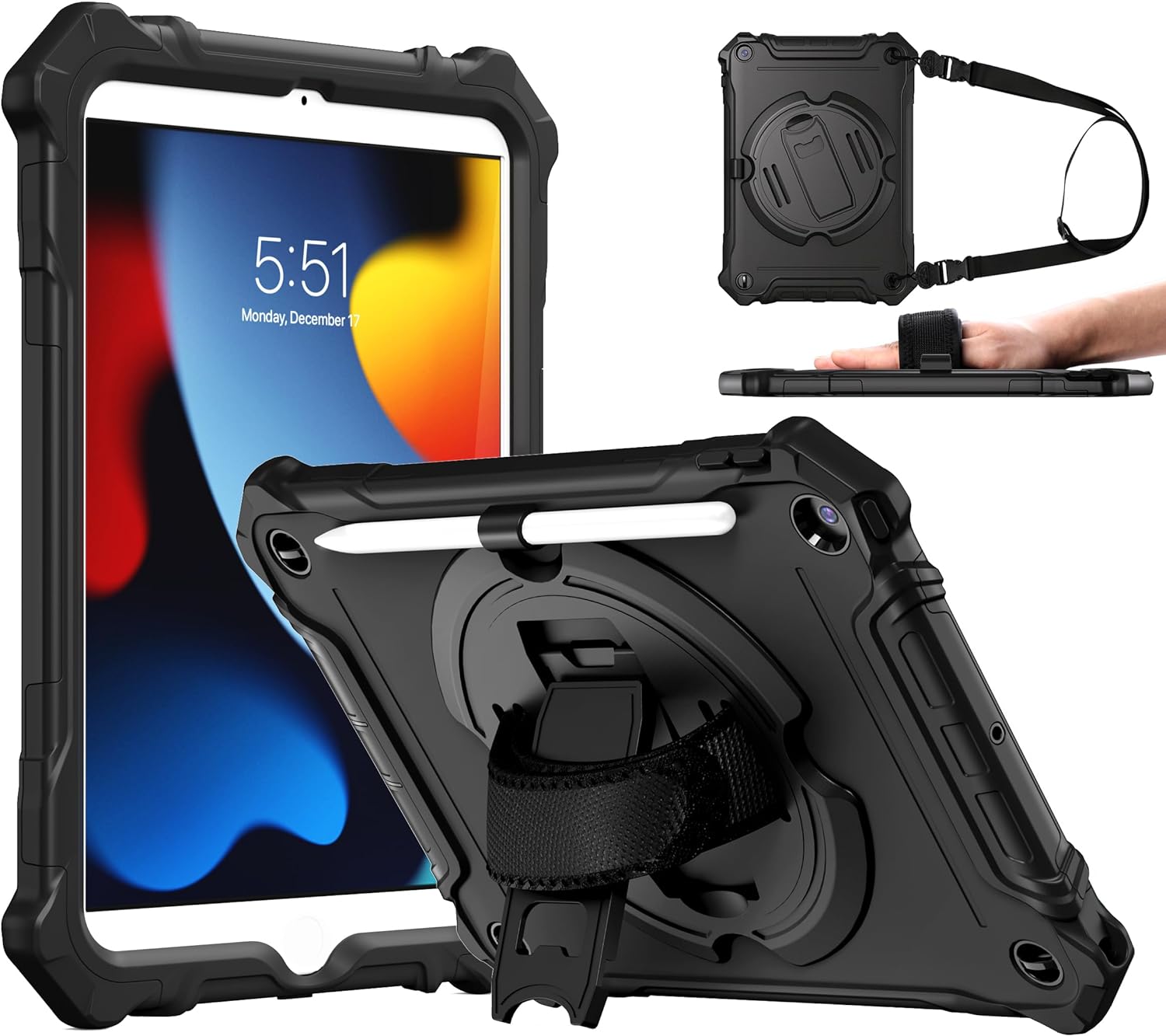 ZtotopCases for iPad 9th/8th/7th Generation, iPad Case 10.2, Shockproof Body Protective Cover with 360° Rotating Hand Strap &Stand, Pencil Holder, Drop Protection, Heavy Duty, 2021/2020/2019, Black - Amazing Gadgets Outlet