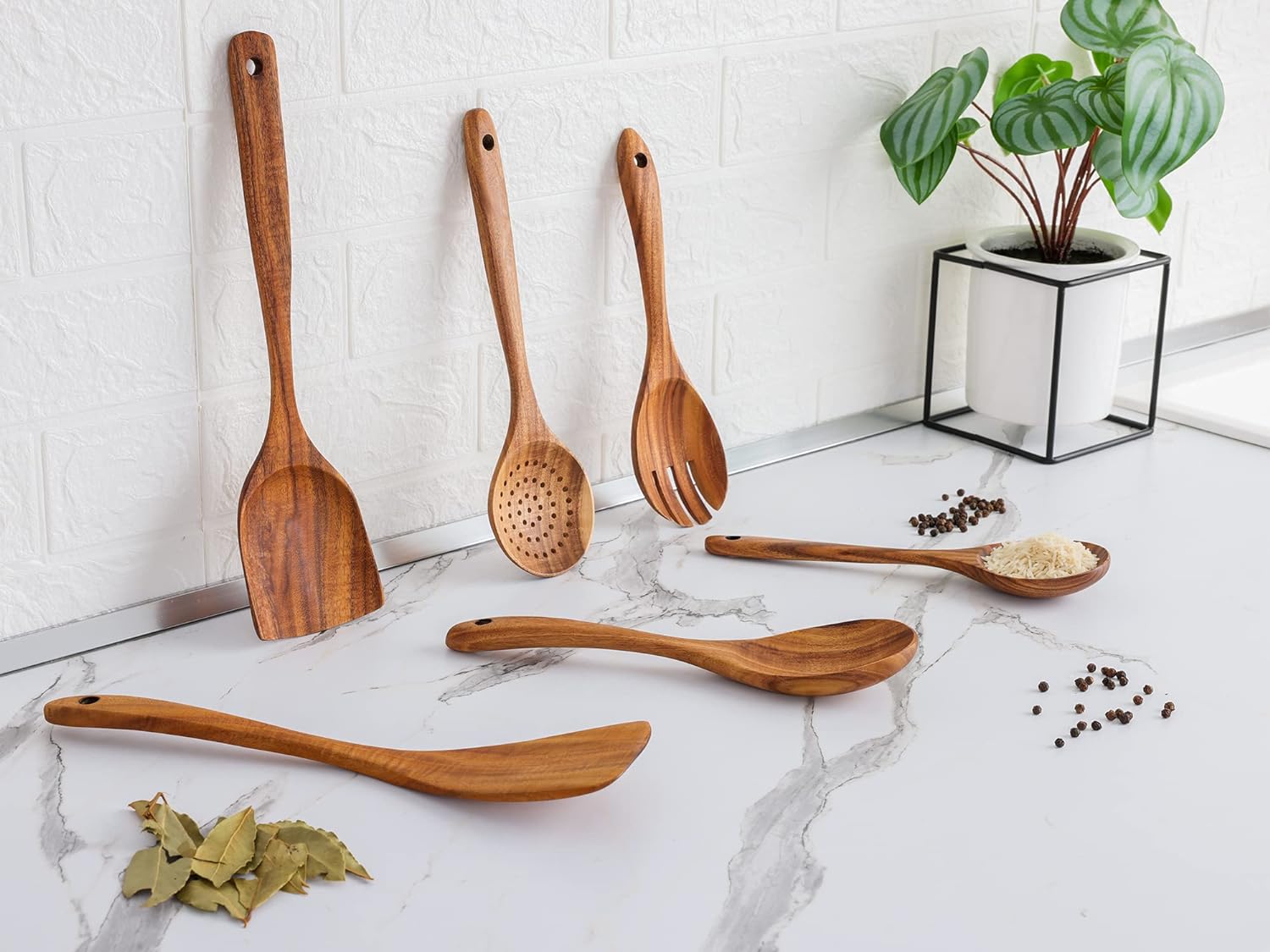 Zulay Kitchen Premium Wooden Utensils for Cooking - 6Pc Set Non - Stick Soft Comfortable Grip Wooden Cooking Utensils - Smooth Finish Teak Wooden Spoons - Amazing Gadgets Outlet