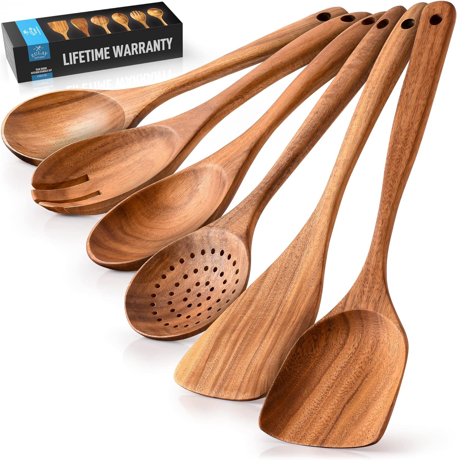 Zulay Kitchen Premium Wooden Utensils for Cooking - 6Pc Set Non - Stick Soft Comfortable Grip Wooden Cooking Utensils - Smooth Finish Teak Wooden Spoons - Amazing Gadgets Outlet