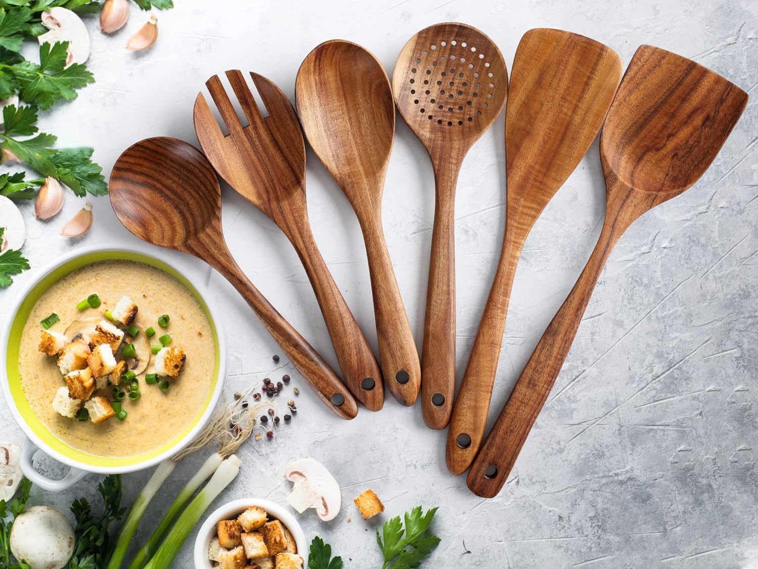 Zulay Kitchen Premium Wooden Utensils for Cooking - 6Pc Set Non - Stick Soft Comfortable Grip Wooden Cooking Utensils - Smooth Finish Teak Wooden Spoons - Amazing Gadgets Outlet