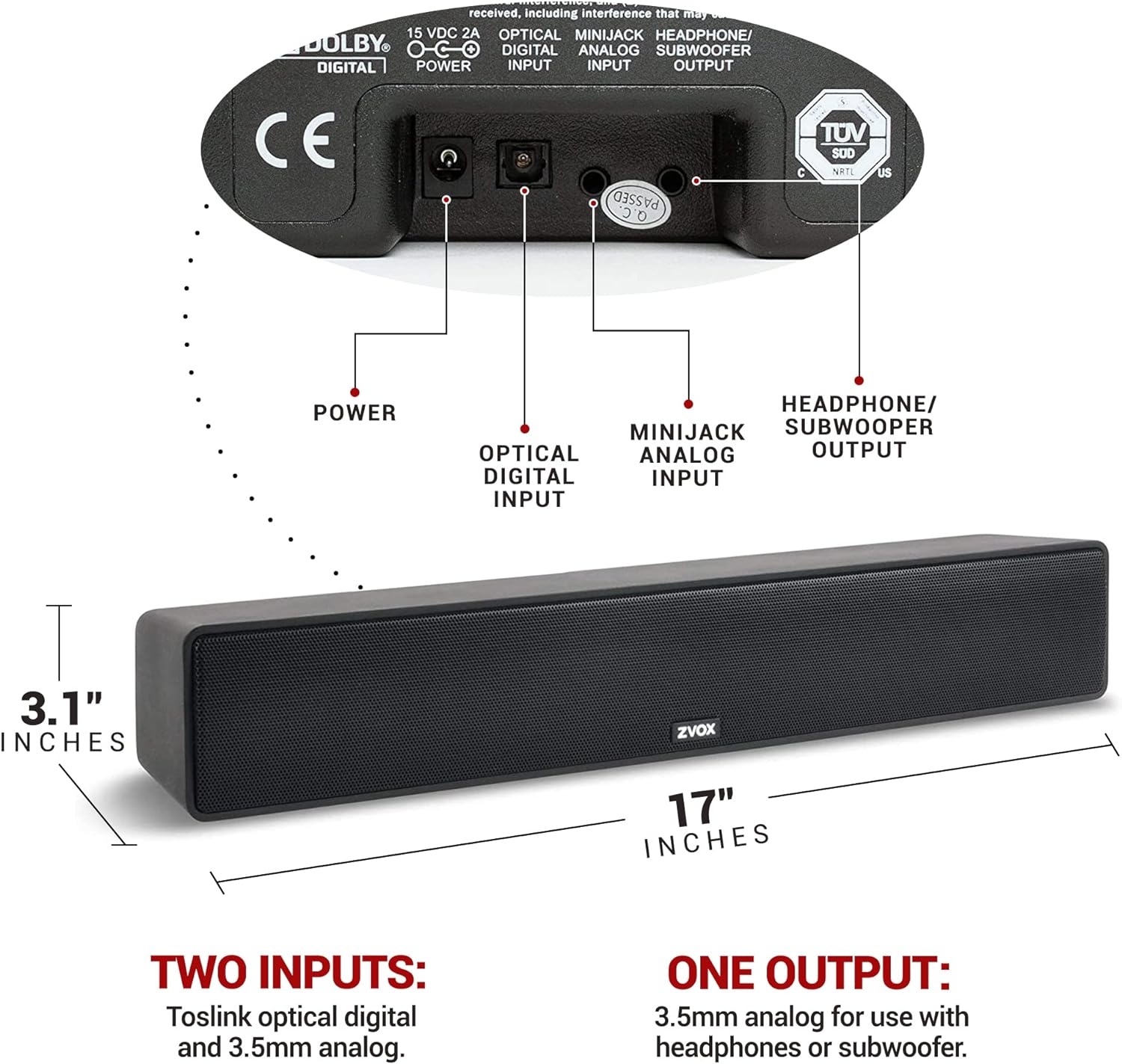 ZVOX Dialogue Clarifying Sound Bar with Patented Hearing Technology, Twelve Levels of Voice Boost - 30 - Day Home Trial - AccuVoice AV157 TV Speaker (Black) - Amazing Gadgets Outlet